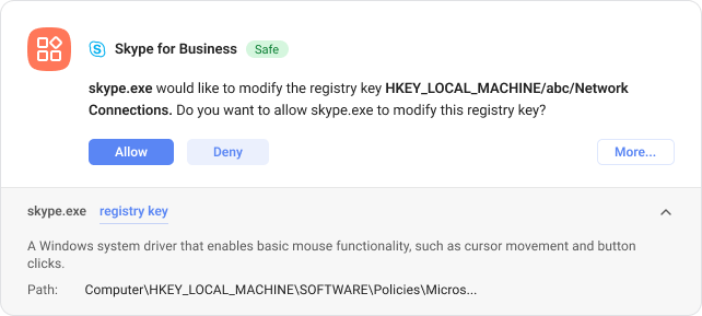 ALLOW/DENY FOR A REGISTRY CHANGE BY AN APP ALONG WITH AN INSIGHT